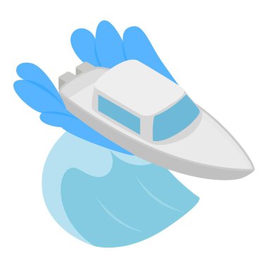 Lüks yat ikonu izometrik vektörü. Yeni beyaz sürat teknesi yüksek hızda ilerliyor.