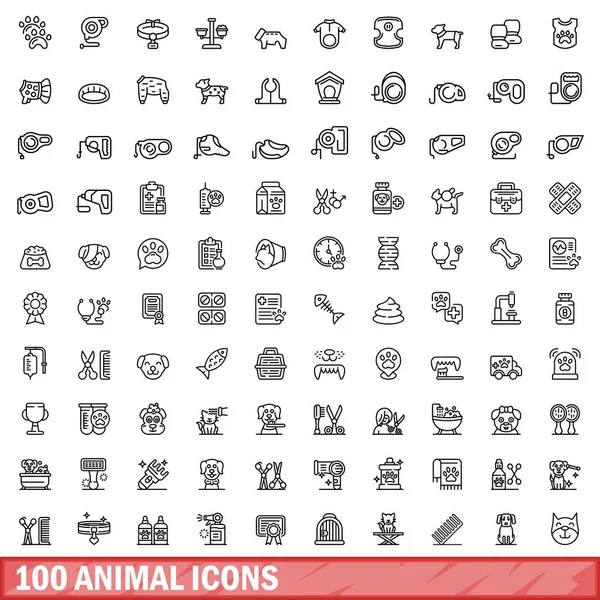 Conjunto de 100 iconos de animales, estilo de esquema — Vector de stock