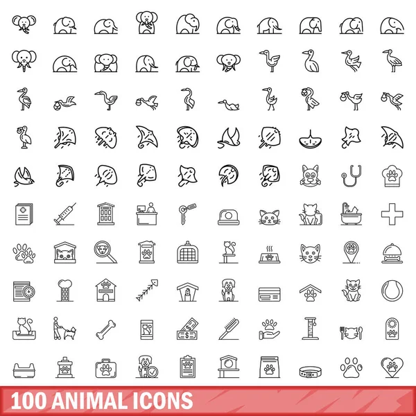 Conjunto de 100 iconos de animales, estilo de esquema — Vector de stock