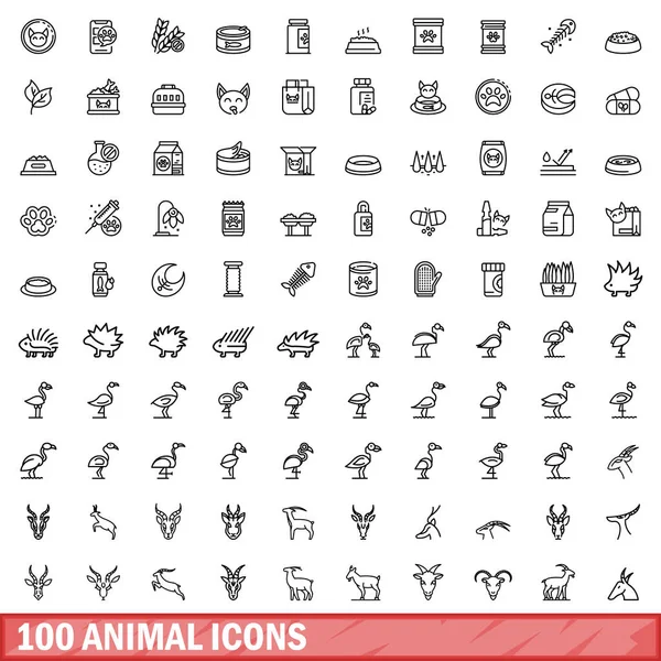 100 ikon hewan diset, gaya garis luar - Stok Vektor