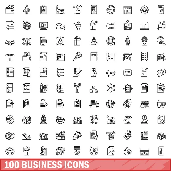 100 business icons set, outline style — Stock Vector
