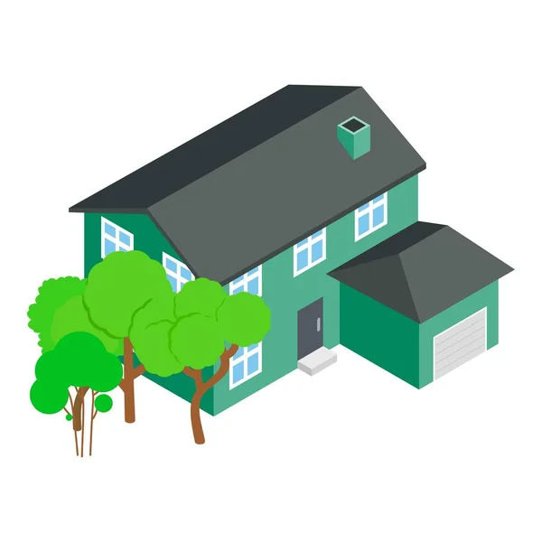 Icono de la casa americana vector isométrico. Edificio grande de dos plantas y árbol verde — Vector de stock