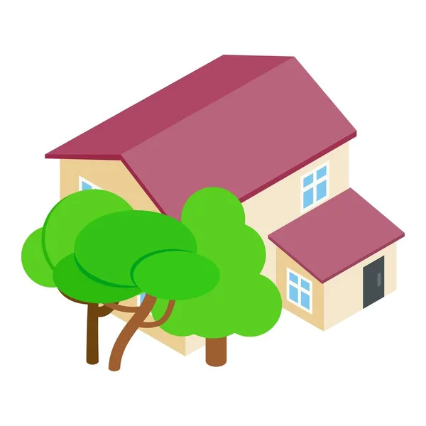 Apartamento icono de la casa vector isométrico. Moderno edificio de dos plantas y árbol verde — Vector de stock