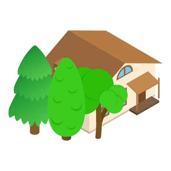 Moderne Haus Symbol isometrischen Vektor. Eingeschossiger Neubau und grüne Baumsymbole — Stockvektor
