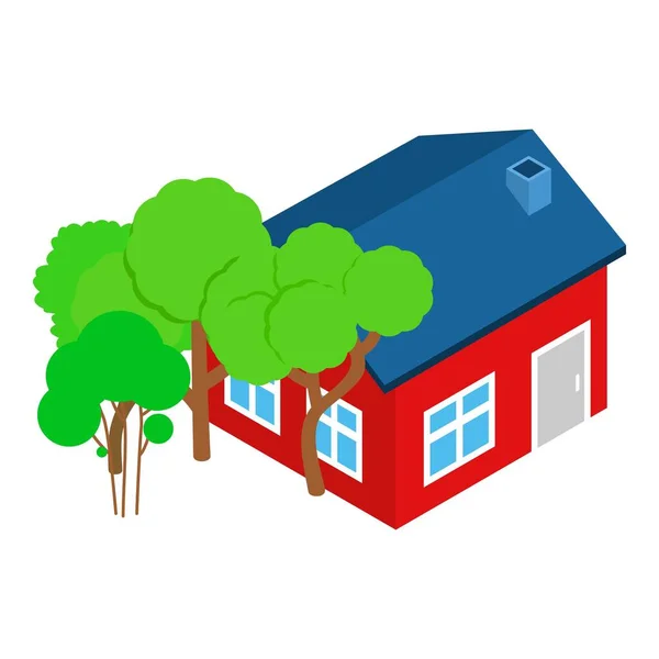 Icono de la casa roja vector isométrico. Edificio de una planta y árbol verde caducifolio — Vector de stock