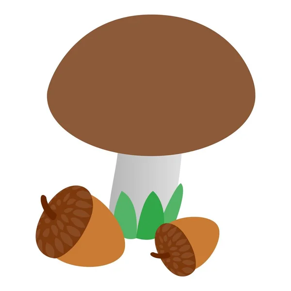 Simbol musim gugur ikon isometric vector. Jamur coklat besar dan sepasang buah pohon ek matang - Stok Vektor