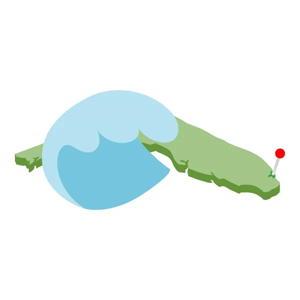 Vettore isometrico dell'icona del resort di Miami. Mappa florida con spilla rossa e icona dell'onda oceanica — Vettoriale Stock