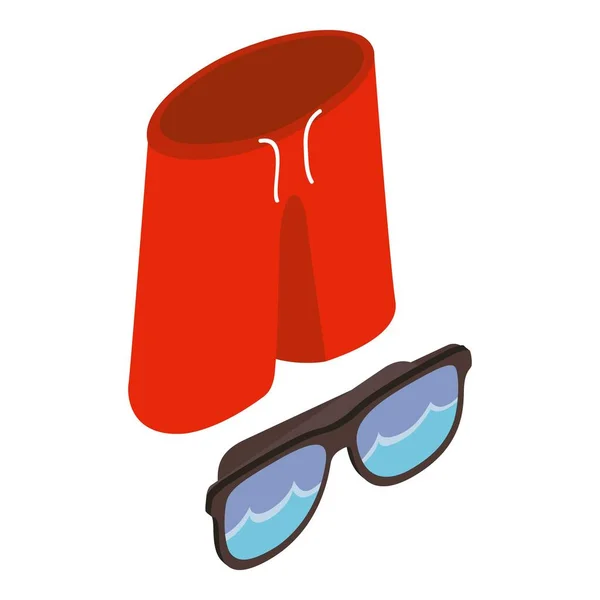 Icona accessorio da spiaggia vettore isometrico. Pantaloncini rossi e occhiali da sole onde riflettenti — Vettoriale Stock