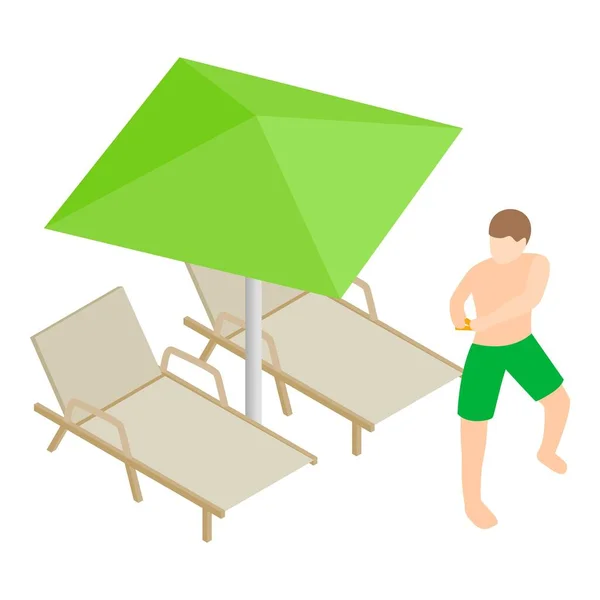 Strandurlaub Symbol isometrischen Vektor. Mann in der Nähe von Chaiselongue und Sonnenschirm — Stockvektor