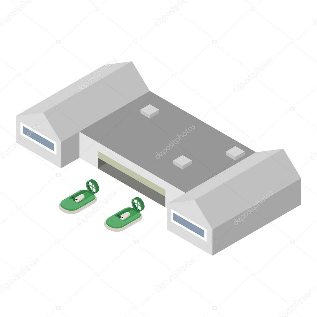Hover craft icon isometric vector. Two modern green hovercraft near pavilion