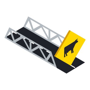 Sığır uyarı ikonu izometrik vektörü. Köprü ve uyarı işareti