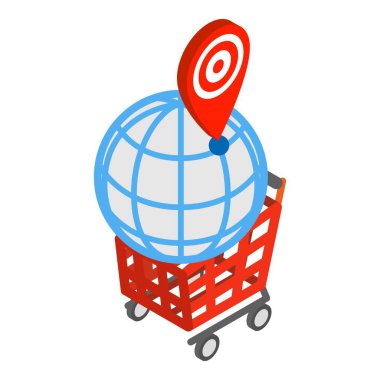 Dünya çapında ikon izometrik vektör alışverişi. Yerkürede coğrafi broş ve kırmızı alışveriş arabası