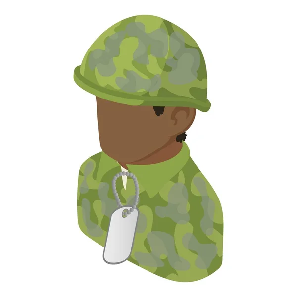 Ανδρική εικόνα στρατιώτη ισομετρική διάνυσμα. Αφροαμερικάνος στρατιωτικός με ταυτότητα σκύλου — Διανυσματικό Αρχείο