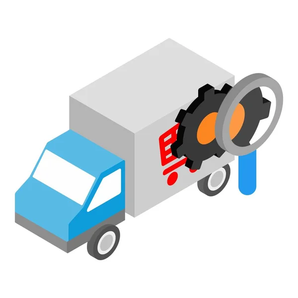 Icona di tracciamento consegna vettore isometrico. Servizio di consegna camion e lente d'ingrandimento — Vettoriale Stock
