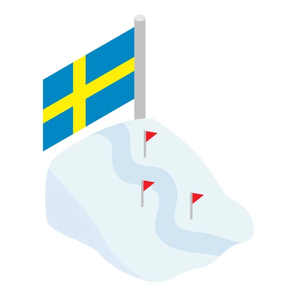 Ski track icon isometric vector. Snow covered slope with ski trace sweden flag — Stock Vector