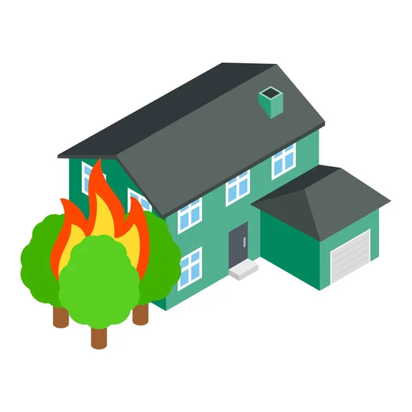 Icono de fuego vector isométrico. Árbol verde ardiente cerca del icono del edificio residencial — Vector de stock