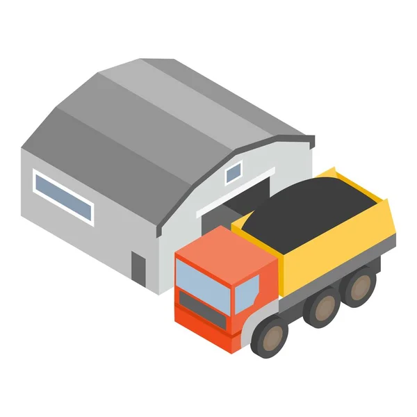 Icono de transporte de carbón vector isométrico. Camión volquete con carbón cerca del hangar icono — Vector de stock