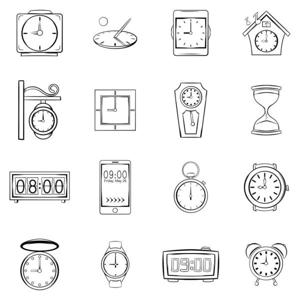 Iconos de tiempo y reloj conjunto esquema vectorial — Archivo Imágenes Vectoriales