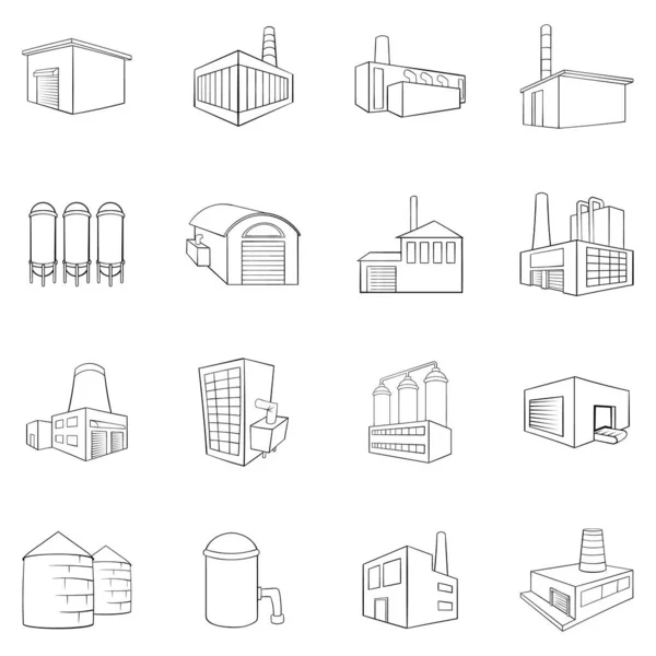 Impianti di costruzione industriale e le icone fabbriche impostare schema vettoriale — Vettoriale Stock