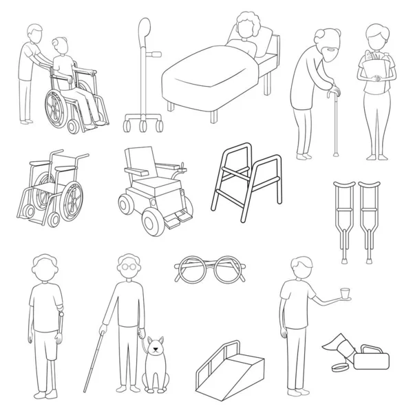 Icono de cuidado de personas con discapacidad establecer esquema — Vector de stock