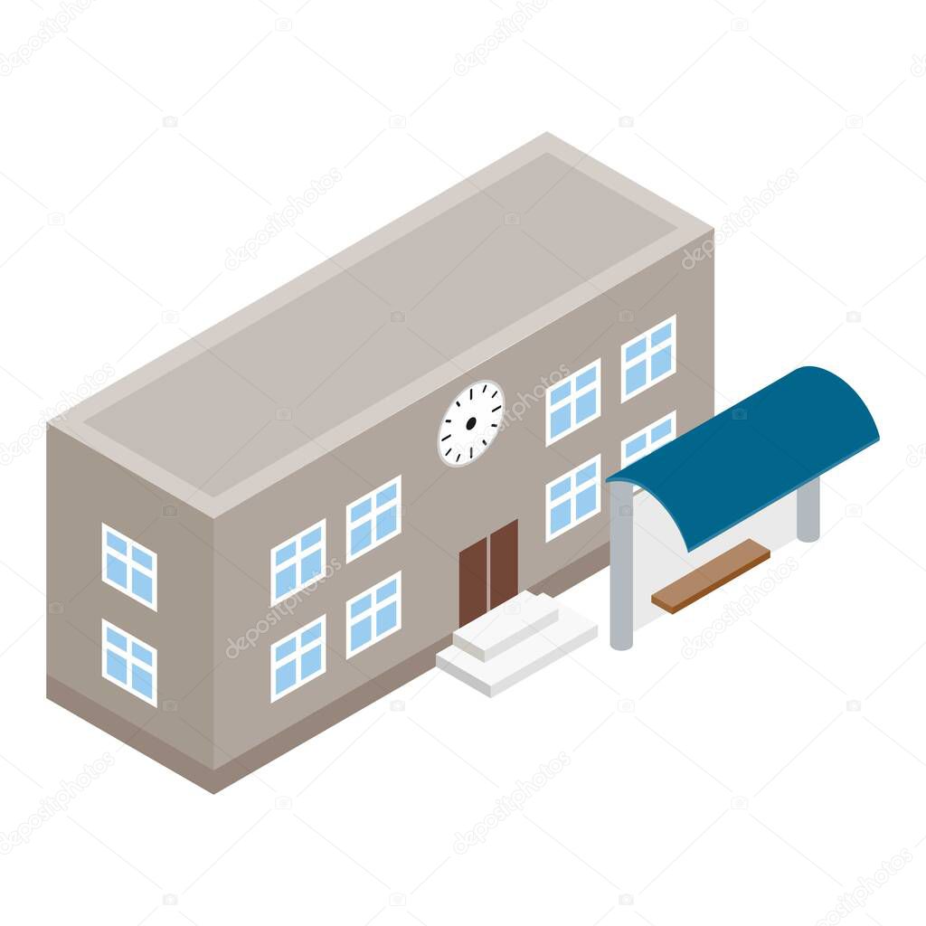 School building icon isometric vector. Bus stop near modern school icon