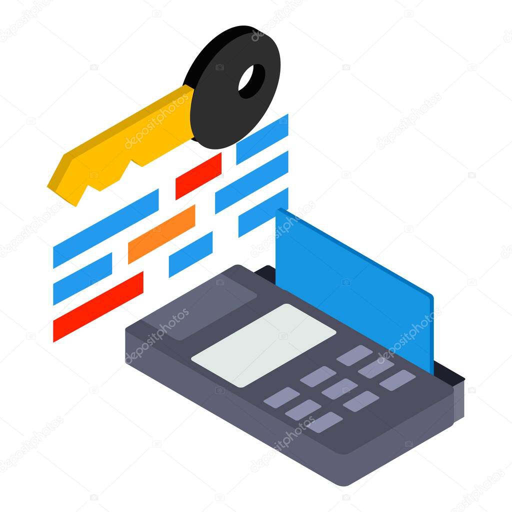 Contactless payment icon isometric vector. Credit card reader and private key