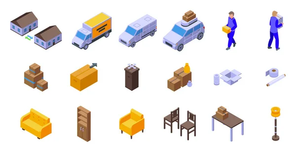 Moving house services icons set isometric vector. Warehouse box — Stock Vector