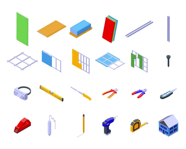 Drywall icons set isometric vector. House brush — Stock Vector