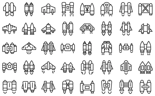 Iconos Jetpack conjunto contorno vector. Mosca cohete — Archivo Imágenes Vectoriales