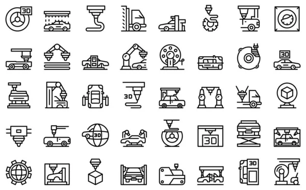 3D cars printing icons set outline vector. Computer printer — Archivo Imágenes Vectoriales