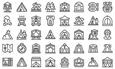 Glamping icons set outline vector. Tent adventure