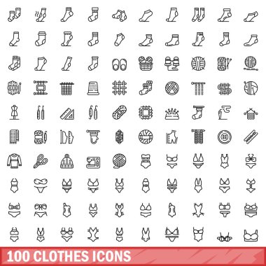 100 giyim Icons set, anahat stili