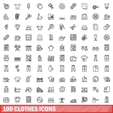 100 giyim Icons set, anahat stili