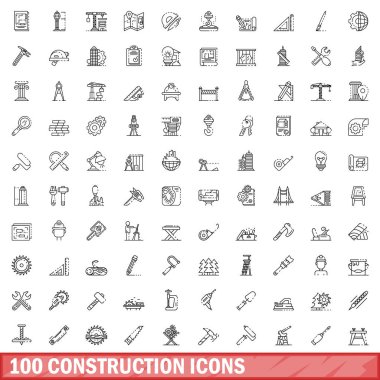 100 inşaat Icons set, anahat stili