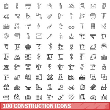 100 inşaat Icons set, anahat stili