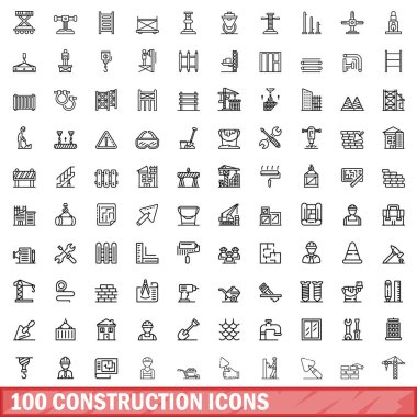 100 inşaat Icons set, anahat stili