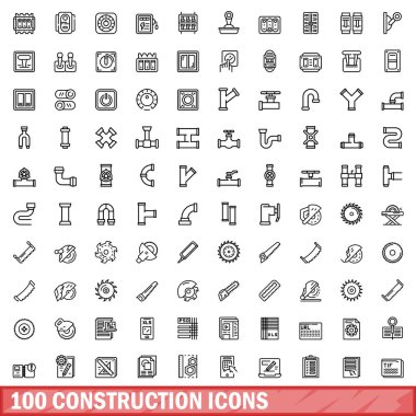100 inşaat Icons set, anahat stili