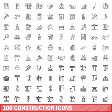 100 inşaat Icons set, anahat stili
