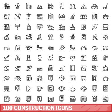 100 inşaat Icons set, anahat stili