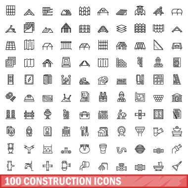 100 inşaat Icons set, anahat stili