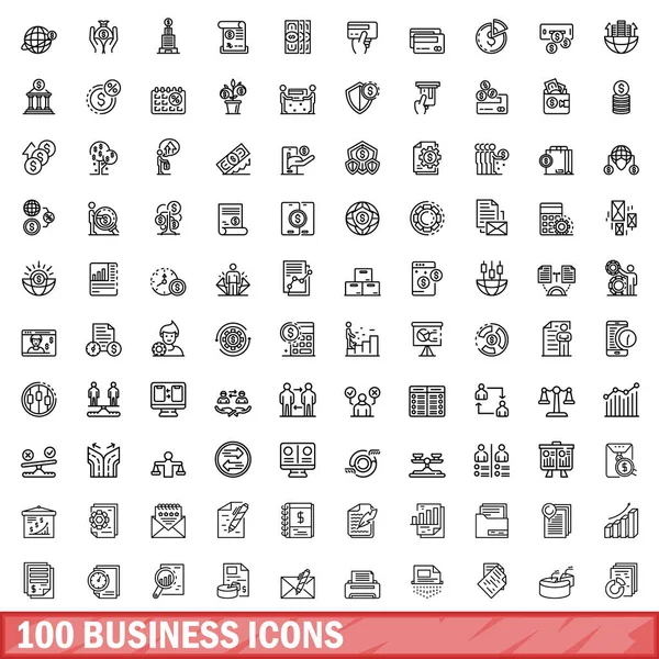 100 business icons set, outline style — Stock Vector