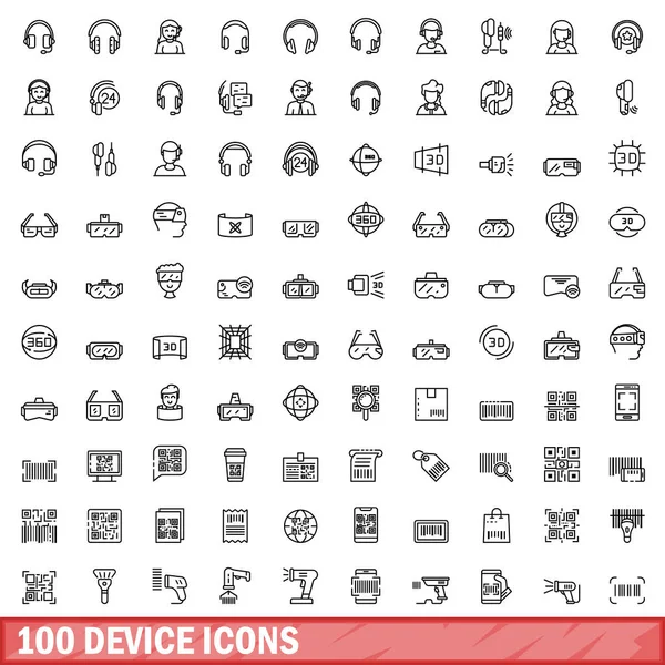 100 device icons set, outline style — Stock Vector