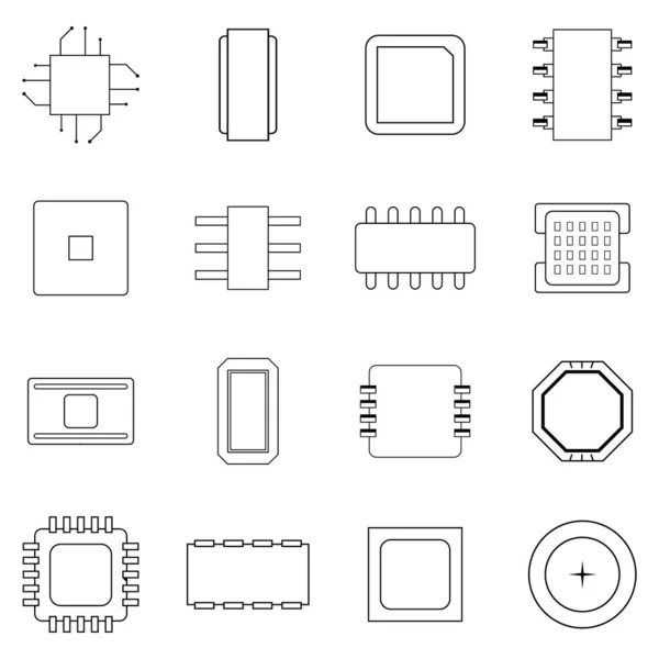 Puces d'ordinateur icône ensemble contour — Image vectorielle