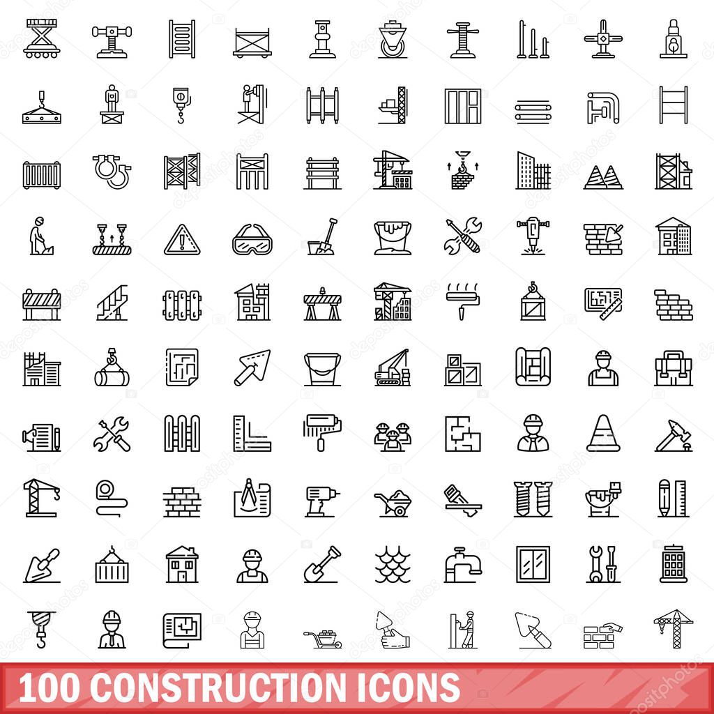 100 construction icons set, outline style