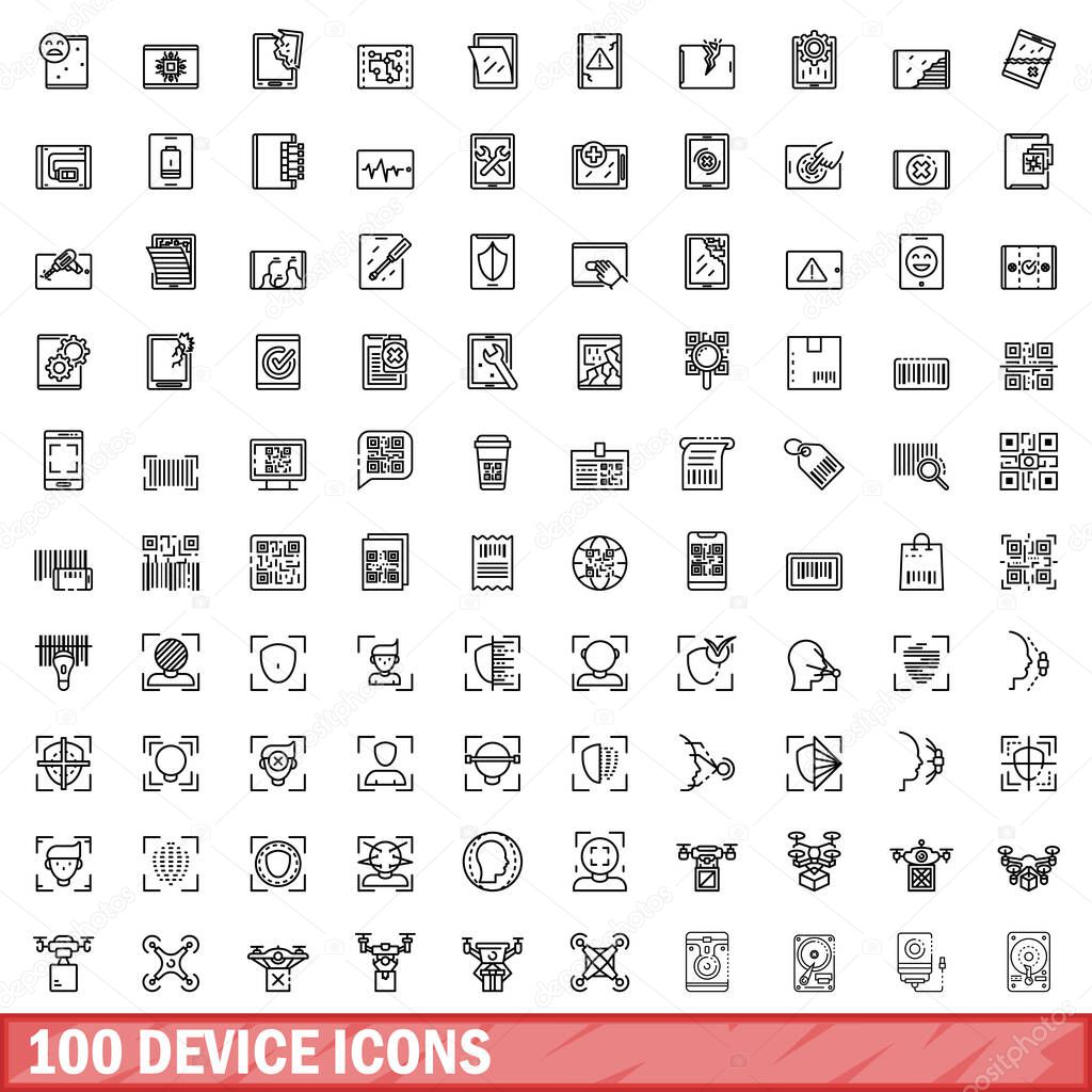 100 device icons set, outline style