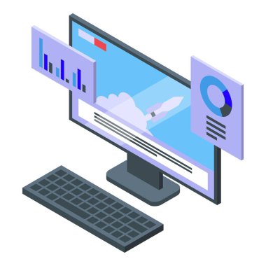 Uzay aracı fırlatma monitörü izometrik vektörü. Roket gemisi