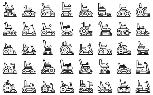 Iconos de silla de ruedas eléctrica conjunto contorno vector. Batería para adultos — Vector de stock