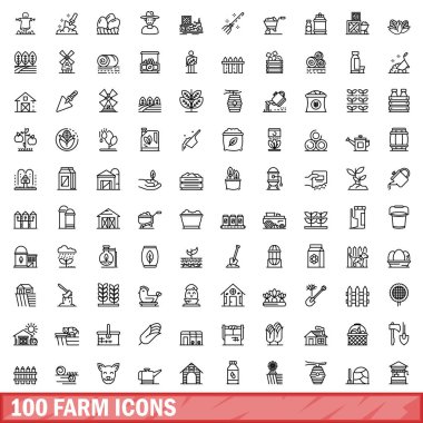 100 çiftlik Icons set, anahat stili