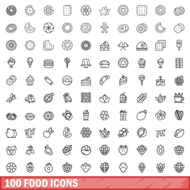 100 gıda Icons set, anahat stili