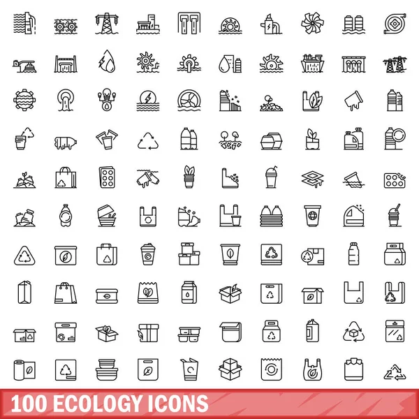 Conjunto de 100 iconos de ecología, estilo de esquema — Vector de stock